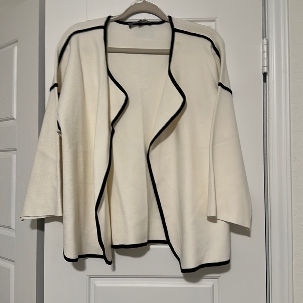 Cream Cardigan Sweater with Black Pipping on collar, edge and sleeves